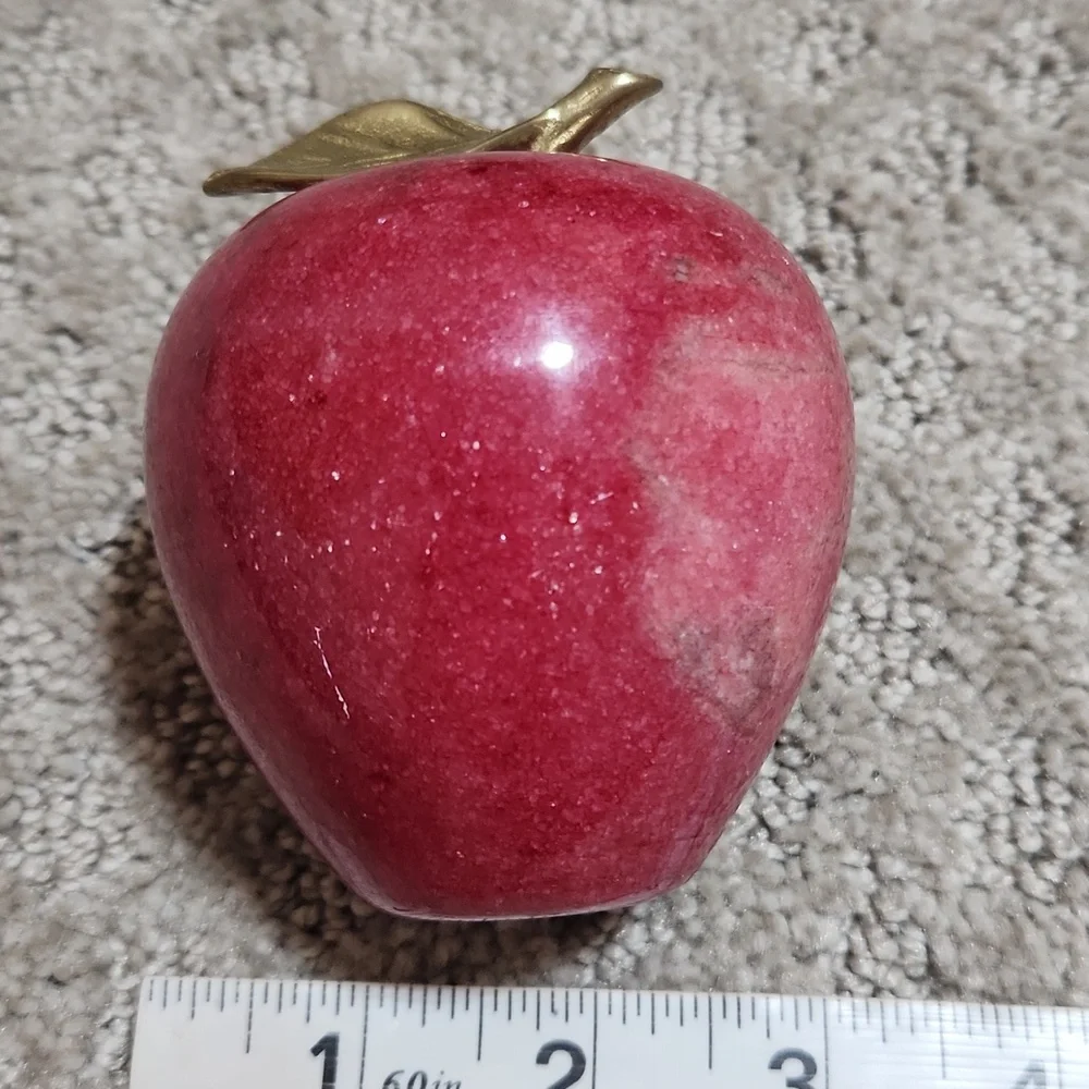 Red Marble Apple Paperweight Sculpture with Golden Brass Leaf